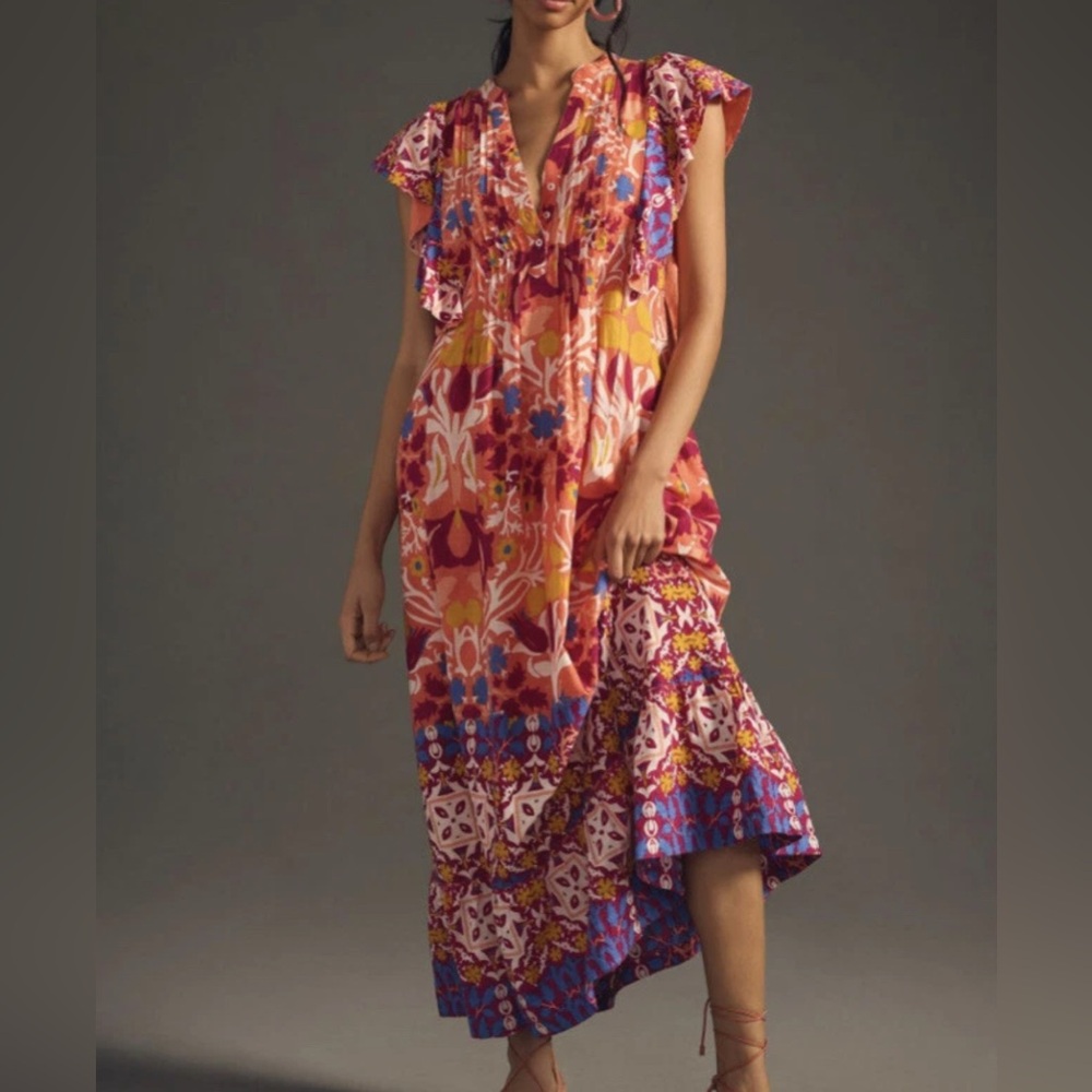 Anthropologie Maeve The Cassandra Maxi Dress Pink Yellow Floral Boho L